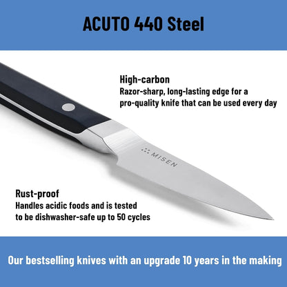 Misen 3.5‑Inch Paring Knife 2.0 - AICHI ACUTO440 High‑Carbon Stainless Steel, Rust‑Proof Blade - Ergonomic Spine, Precision Peeling, Trimming, and Slicing - Lightweight & Versatile - Black