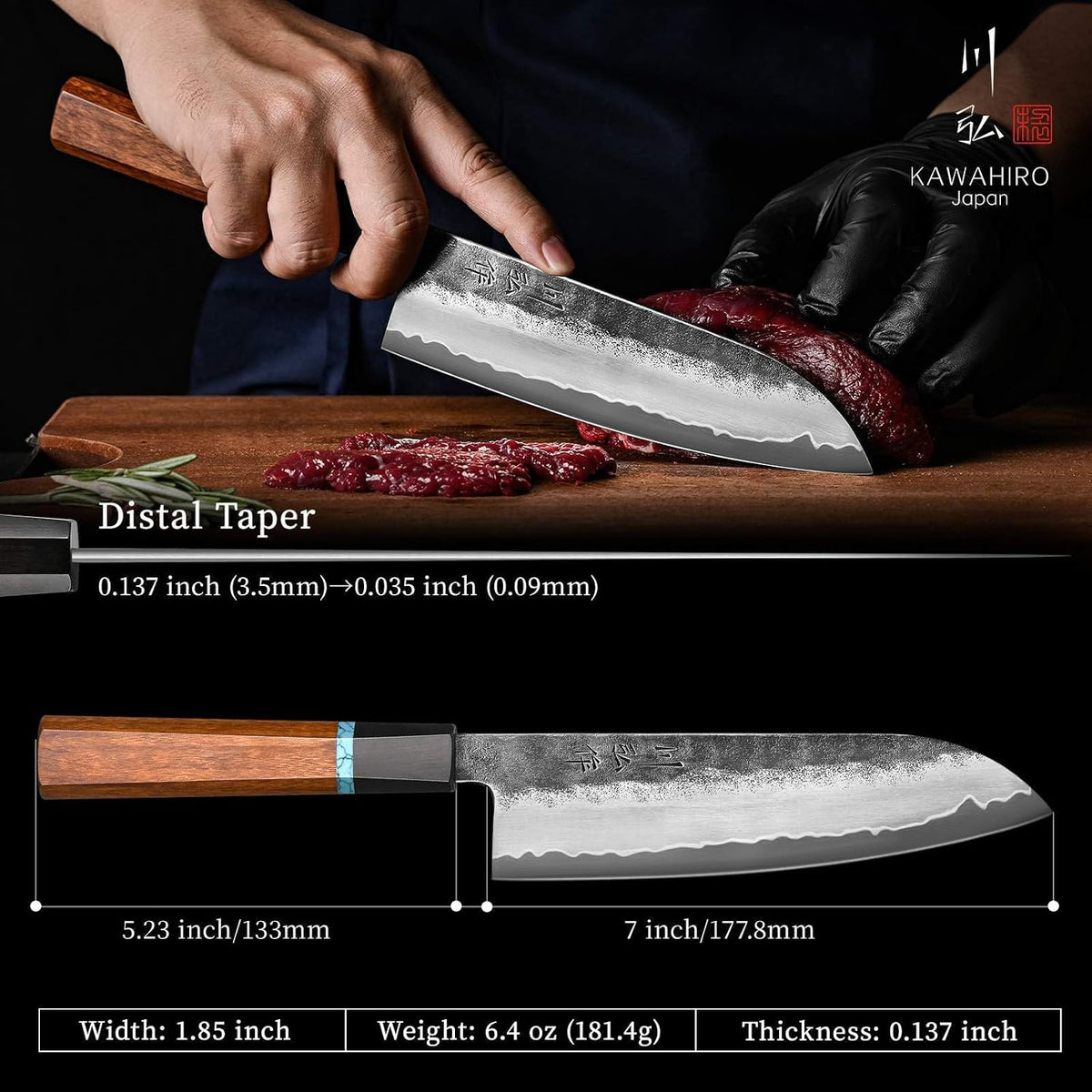 KAWAHIRO 7 Inch Japanese Santoku Knife, Hand Forged VG10 Chef Knife