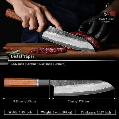 KAWAHIRO 7 Inch Japanese Santoku Knife, Hand Forged VG10 Chef Knife