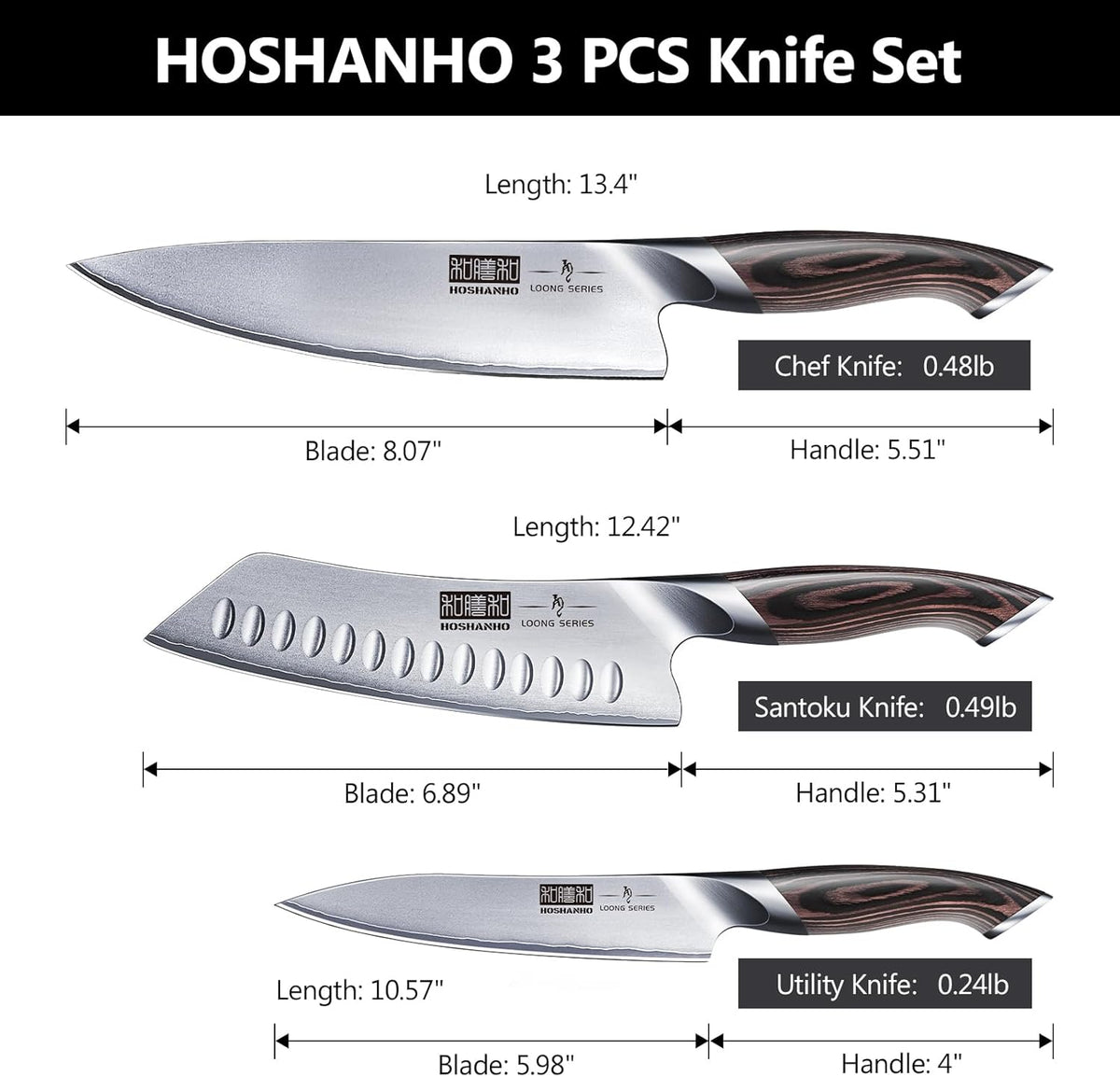 HOSHANHO 3 Pieces Knife Set, Professional Japanese Kitchen Knife Set