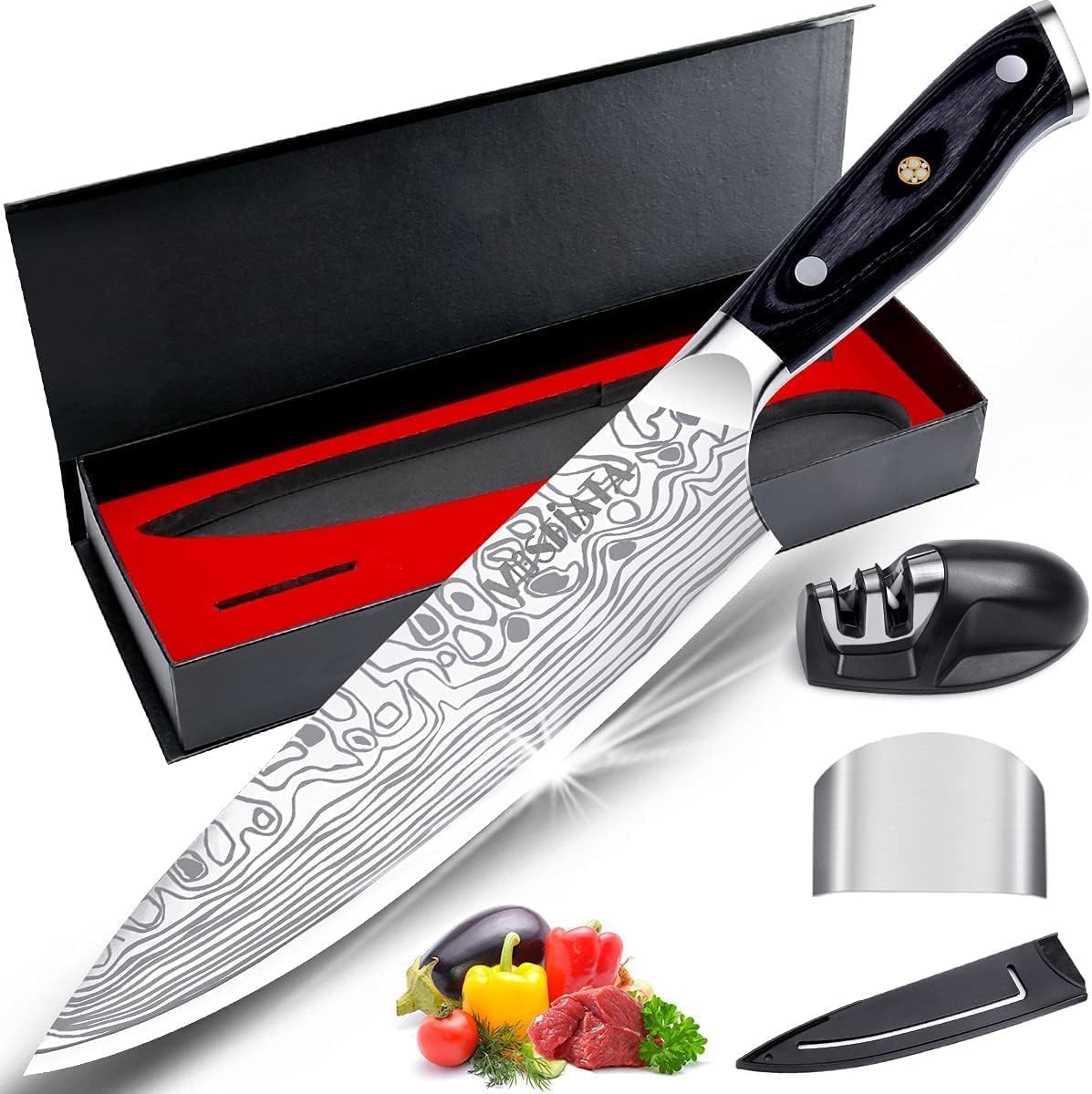 MOSFiATA Santoku Knife- 7 Inch Vegetable Knife Ultra Sharp Chopping Knife- Forged EN.4116 German Steel- Including Sheath,Finger Guard,Knife Sharpener,Full Tang,Best Gifts with Handmade Gift Box