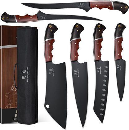DRGSKL Kitchen Knife Set with Bag - 6 PCS Chef Knife Set with Wooden Handle