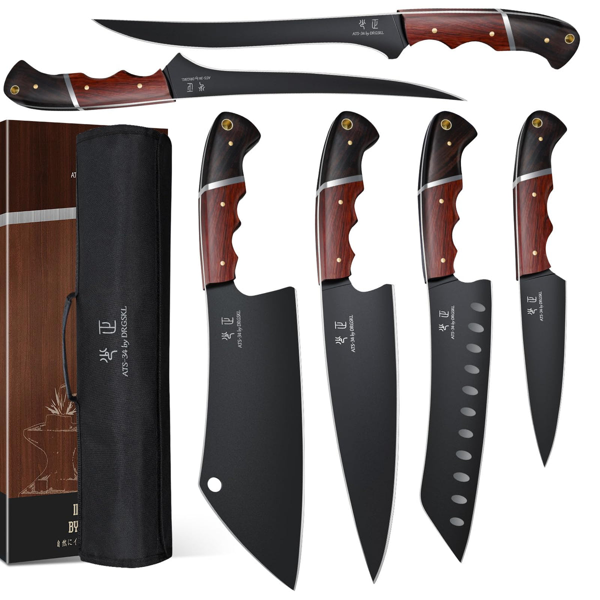 DRGSKL Kitchen Knife Set with Bag - 6 PCS Chef Knife Set with Wooden Handle