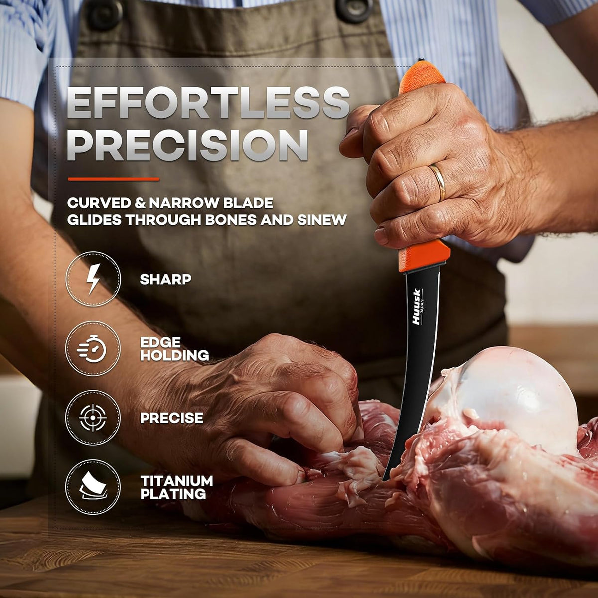 Huusk Curved Boning Knife - 6" Filet Knife for Meat Deboning Non‑Slip Grip