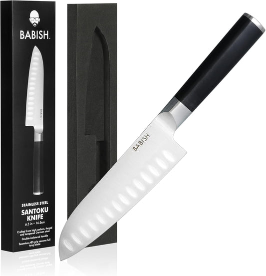 Babish 6.5 Inch Santoku Knife High Carbon 1.4116 German Steel Kitchen Knife Razor Sharp Blade Durable Precision Cutlery for Slicing Dicing Chopping Vegetables Meat and Fish