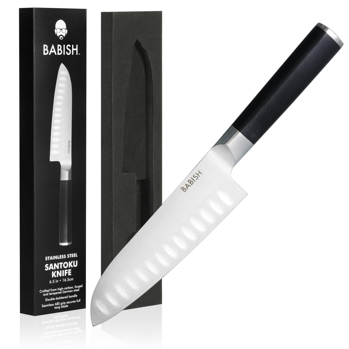 Babish 6.5 Inch Santoku Knife High Carbon 1.4116 German Steel Kitchen Knife Razor Sharp Blade Durable Precision Cutlery for Slicing Dicing Chopping Vegetables Meat and Fish