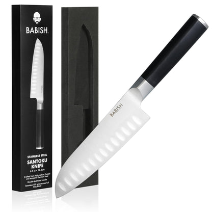 Babish 6.5 Inch Santoku Knife High Carbon 1.4116 German Steel Kitchen Knife Razor Sharp Blade Durable Precision Cutlery for Slicing Dicing Chopping Vegetables Meat and Fish