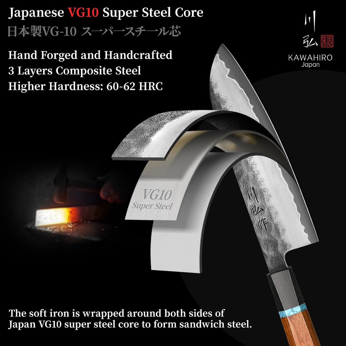KAWAHIRO 7 Inch Japanese Santoku Knife, Hand Forged VG10 Chef Knife