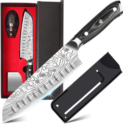 MOSFiATA Santoku Knife- 7 Inch Vegetable Knife Ultra Sharp Chopping Knife- Forged EN.4116 German Steel- Including Sheath,Finger Guard,Knife Sharpener,Full Tang,Best Gifts with Handmade Gift Box