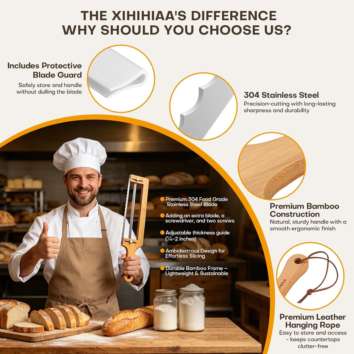 Adjustable Bread Knife for Homemade Bread Sourdough, Bamboo Handle