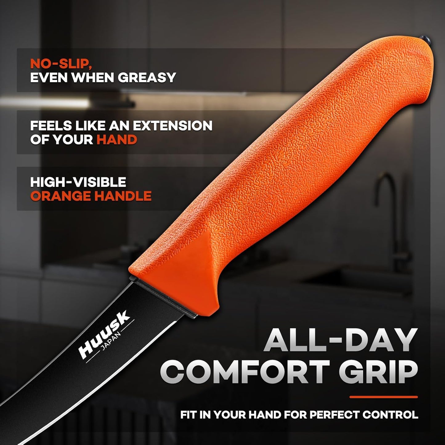 Huusk Curved Boning Knife - 6" Filet Knife for Meat Deboning Non‑Slip Grip