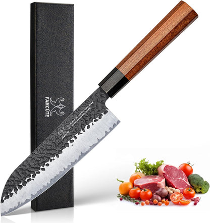 FAMCÜTE 7" Santoku Knife, Hand Forged Sharp Chopping Knife for Easy Cutting