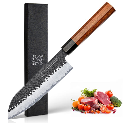 FAMCÜTE 7" Santoku Knife, Hand Forged Sharp Chopping Knife for Easy Cutting