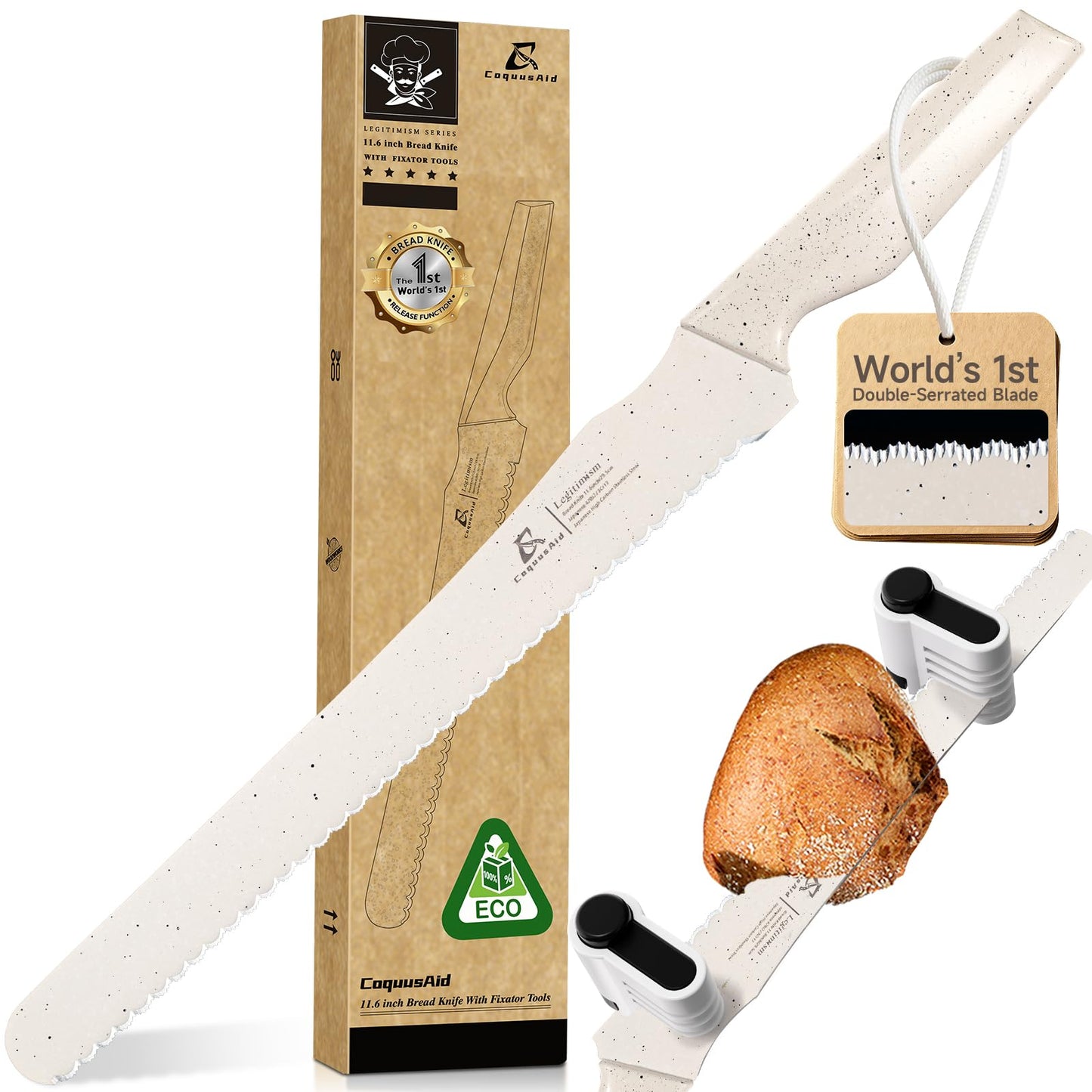 CoquusAid Bread Knife for Homemade Bread, World's 1st Double Serrated Knife