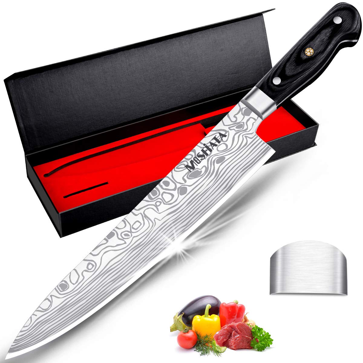 MOSFiATA Santoku Knife- 7 Inch Vegetable Knife Ultra Sharp Chopping Knife- Forged EN.4116 German Steel- Including Sheath,Finger Guard,Knife Sharpener,Full Tang,Best Gifts with Handmade Gift Box