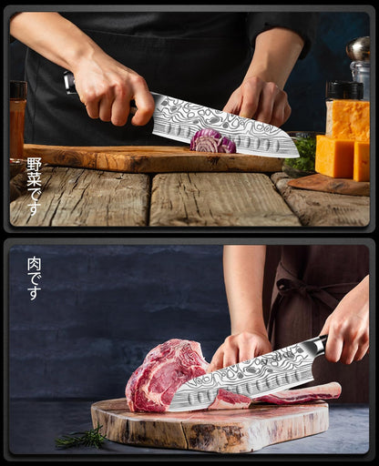 MOSFiATA Santoku Knife- 7 Inch Vegetable Knife Ultra Sharp Chopping Knife- Forged EN.4116 German Steel- Including Sheath,Finger Guard,Knife Sharpener,Full Tang,Best Gifts with Handmade Gift Box