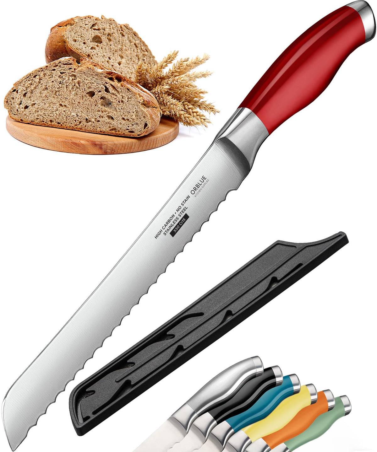 Orblue Serrated Bread Knife with Upgraded Stainless Steel Razor Sharp Wavy Edge - Bread Cutter Ideal for Slicing Homemade Bagels, Cake (8-Inch Blade with 5-Inch Handle)