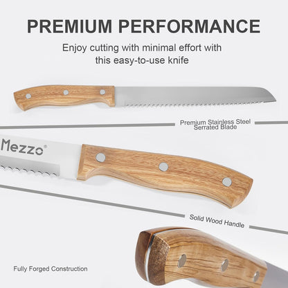 Mezzo Serrated Bread Knife for Homemade Bread, High Carbon Steel Sourdough Knife Cutter for Slicing Bread, Bagels & Cake, Razor Sharp Premium 8-Inch Bread Cutting Knives with Gift Box