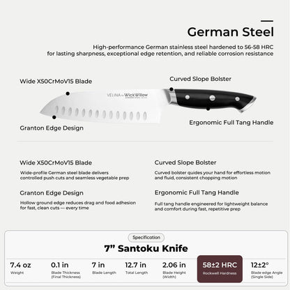 WICKWILLOW 7” Santoku Knife – Sharp Forged German Steel Kitchen Knife