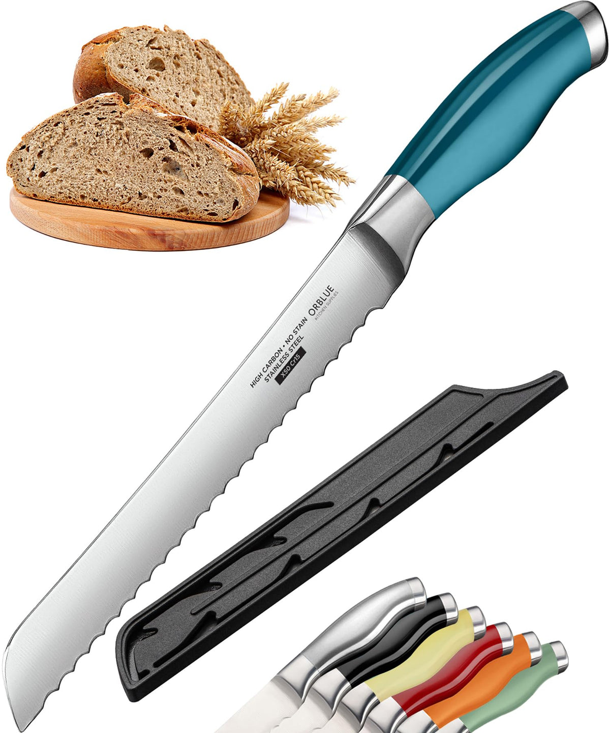 Orblue Serrated Bread Knife with Upgraded Stainless Steel Razor Sharp Wavy Edge - Bread Cutter Ideal for Slicing Homemade Bagels, Cake (8-Inch Blade with 5-Inch Handle)