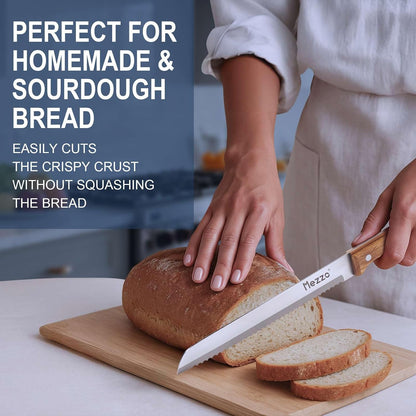 Mezzo Serrated Bread Knife for Homemade Bread, High Carbon Steel Sourdough Knife Cutter for Slicing Bread, Bagels & Cake, Razor Sharp Premium 8-Inch Bread Cutting Knives with Gift Box