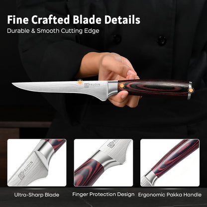 PAUDIN Boning Knife 6 Inch, Super Sharp Fillet Knife, German High Carbon Stainless Steel Deboning Knives, Professional Boning Knives for Meat Poultry Chicken, Pakkawood Handle with Gift Box