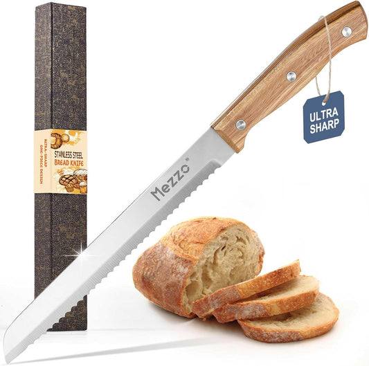 Mezzo Serrated Bread Knife for Homemade Bread, High Carbon Steel Sourdough Knife Cutter for Slicing Bread, Bagels & Cake, Razor Sharp Premium 8-Inch Bread Cutting Knives with Gift Box