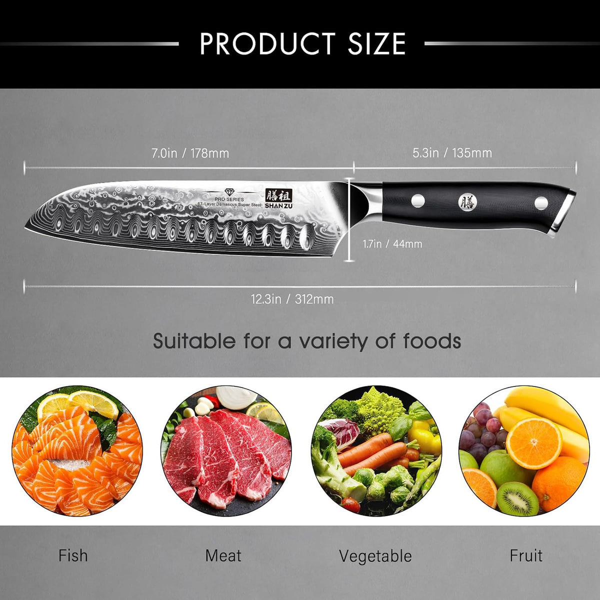 SHAN ZU 7 In Damascus Chef Knife, Japanese Santoku Chef's Knife