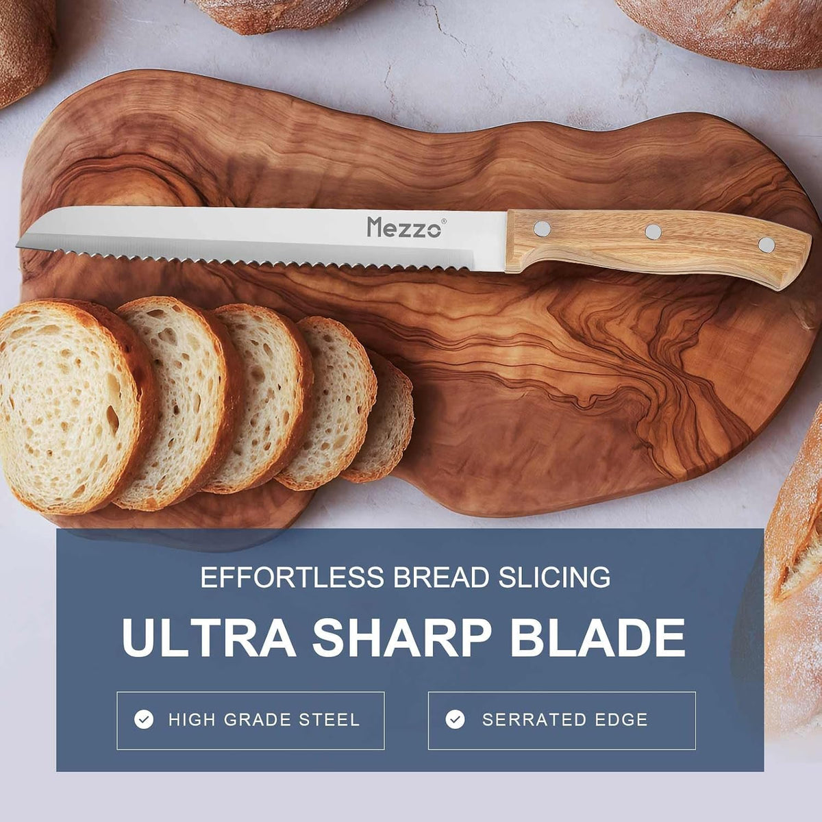Mezzo Serrated Bread Knife for Homemade Bread, High Carbon Steel Sourdough Knife Cutter for Slicing Bread, Bagels & Cake, Razor Sharp Premium 8-Inch Bread Cutting Knives with Gift Box