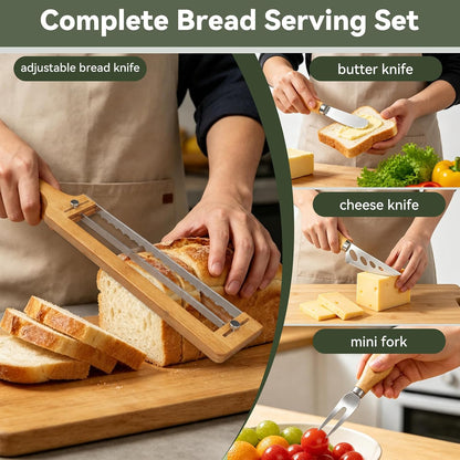 Adjustable Bread Knife with 3 Cheese Knives & Butter Knives