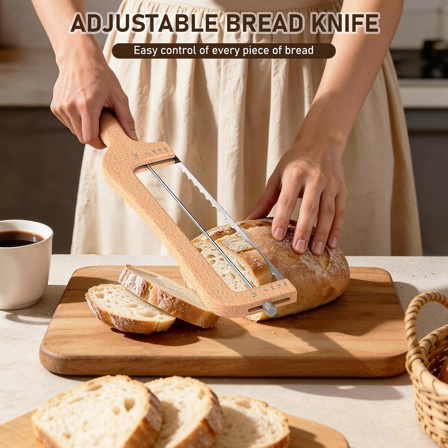 Woodever Adjustable Bread Knife for Home Use, Wooden Sourdough Bread Slicer for Homemade Bread with Bow Design, Premium Stainless Serrated Bread Cutter for Bagels and Baguettes-Natural