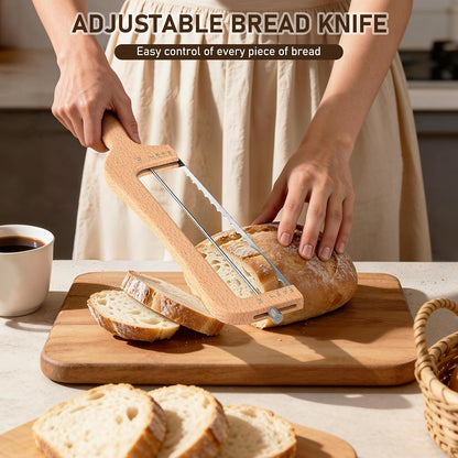 Woodever Adjustable Bread Knife for Home Use, Wooden Sourdough Bread Slicer for Homemade Bread with Bow Design, Premium Stainless Serrated Bread Cutter for Bagels and Baguettes-Natural