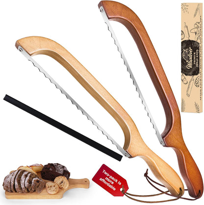 Woodever Bread Knife, 2 Pack Bread Slicer for Homemade Bread, 16'' Wooden Sourdough Bread Knife with Bow Design, Premium Stainless Steel Serrated Bread Cutter for Bagels and Baguettes (2 Pack)