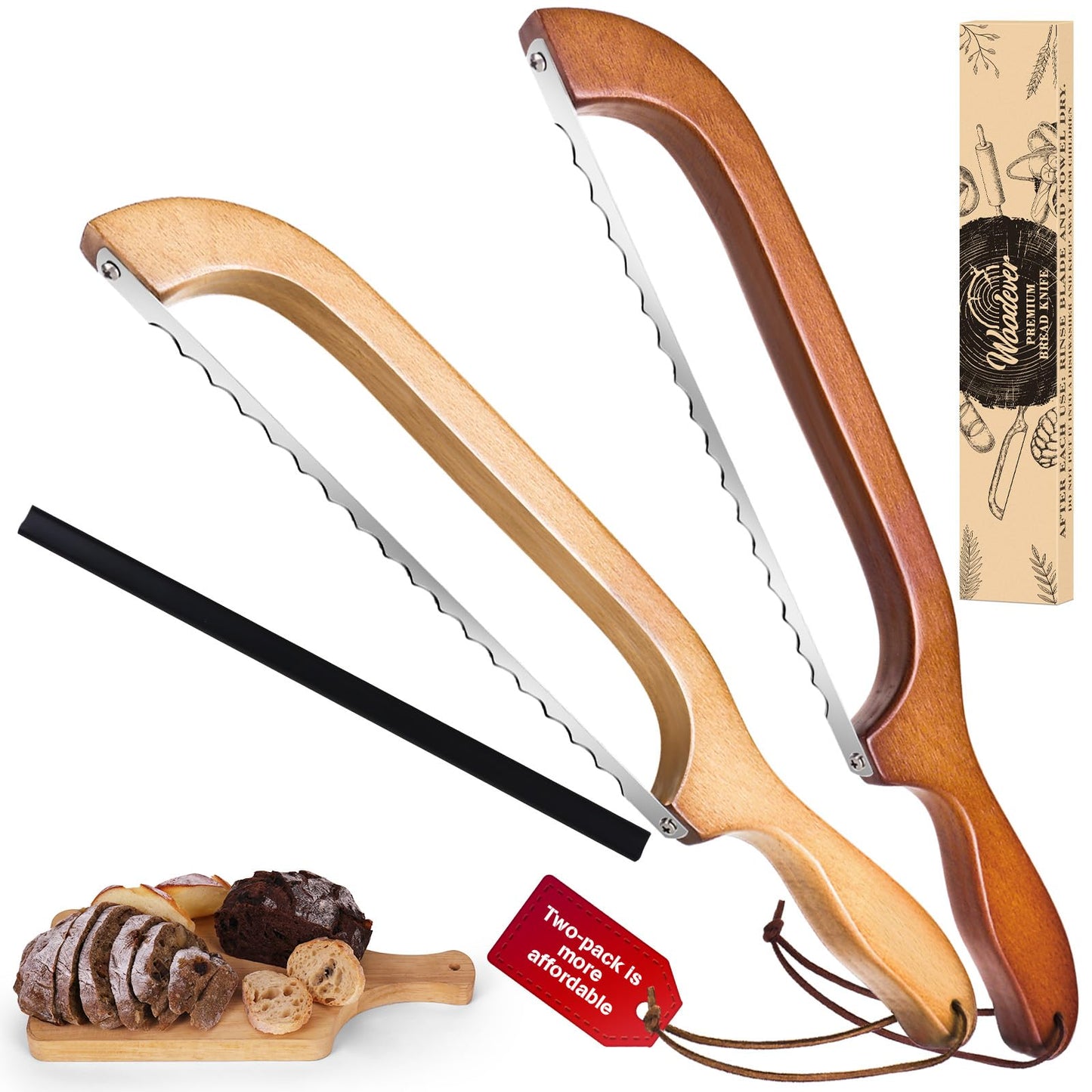 Woodever Adjustable Bread Knife for Home Use, Wooden Sourdough Bread Slicer for Homemade Bread with Bow Design, Premium Stainless Serrated Bread Cutter for Bagels and Baguettes-Natural