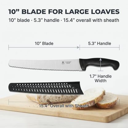 10-Inch Serrated Bread Knife with Sheath for Sourdough, German Steel