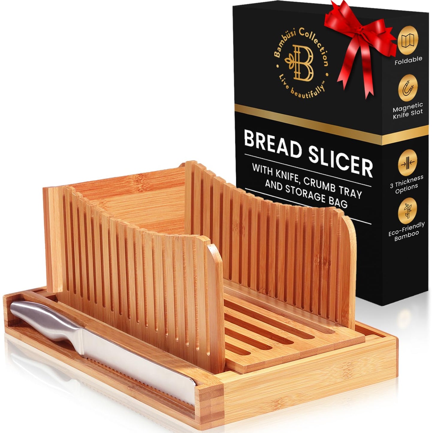 Bambüsi Bread Slicer for Homemade Bread with Knife Sourdough Cutter, Bamboo