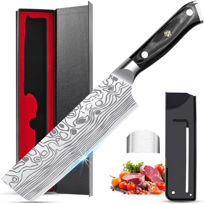 MOSFiATA Santoku Knife- 7 Inch Vegetable Knife Ultra Sharp Chopping Knife- Forged EN.4116 German Steel- Including Sheath,Finger Guard,Knife Sharpener,Full Tang,Best Gifts with Handmade Gift Box
