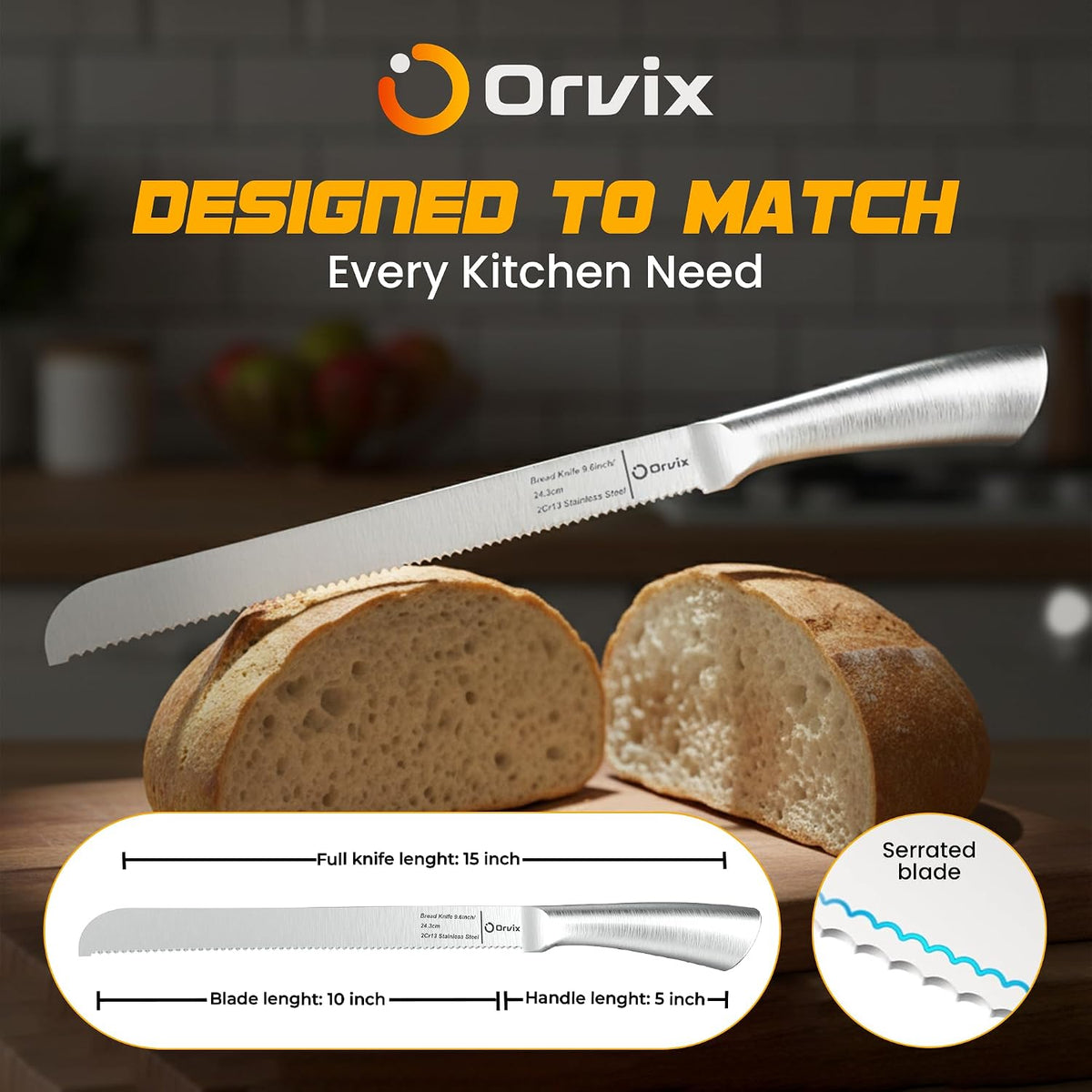 Serrated Bread Knife,9.6 Inch Razor Sharp Stainless Steel Blade with 5-Inch Handle, Best Bread Cutter for Slicing Sourdough, Bagels, Cakes & Homemade Artisan Bread