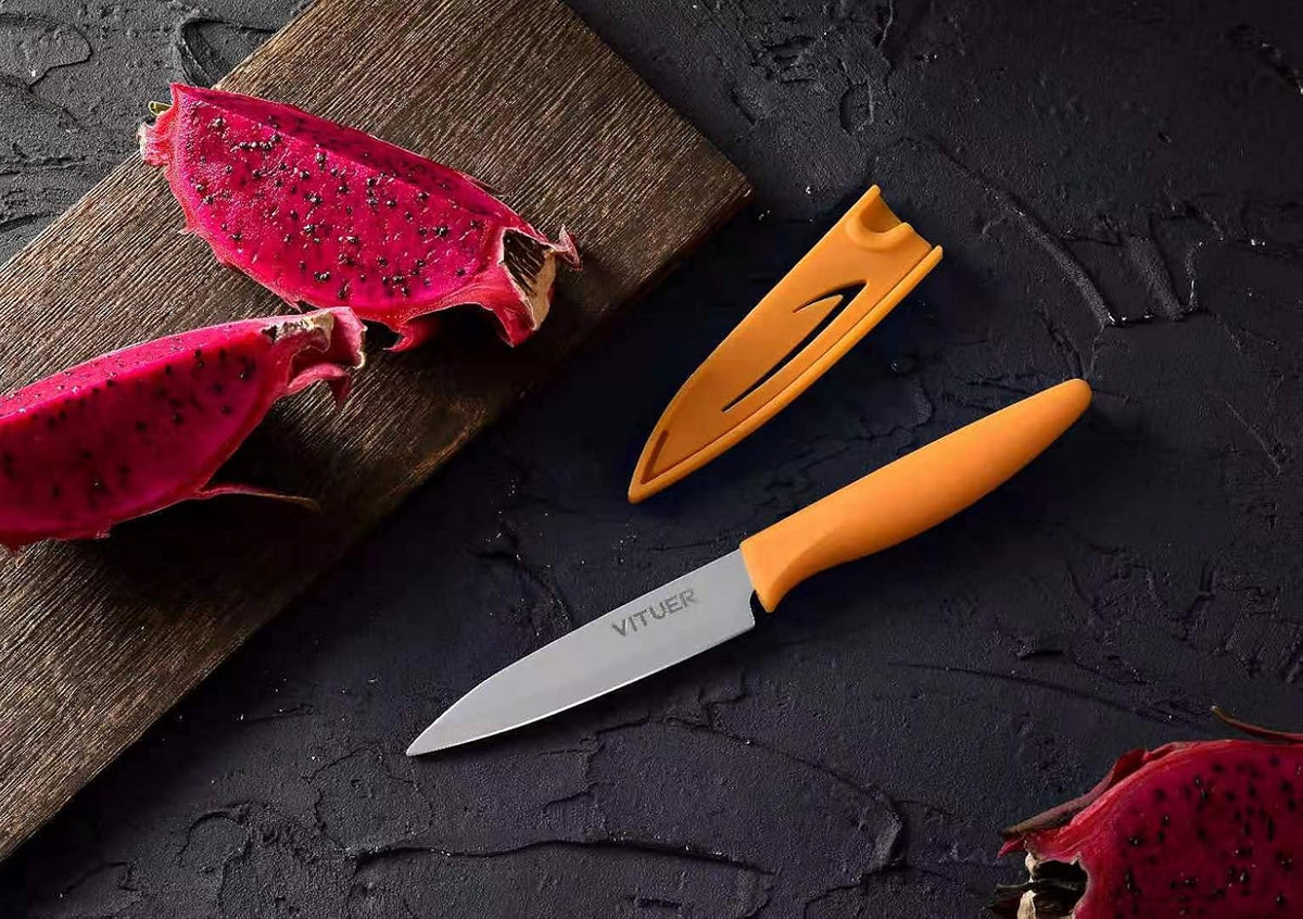 VITUER Paring knife, 4PCS Paring knives (4 Knives and 4 Knife cover), 4 Inch Peeling Fruit and Vegetable Knife, Ultra Sharp Kitchen Knives, German Steel, PP Plastic Handle