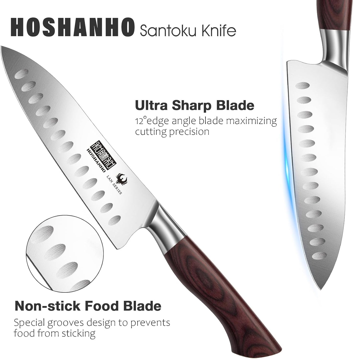 HOSHANHO 7" Chef Knife,Razor-Sharp Santoku Knife with Ergonomic Wood Handle
