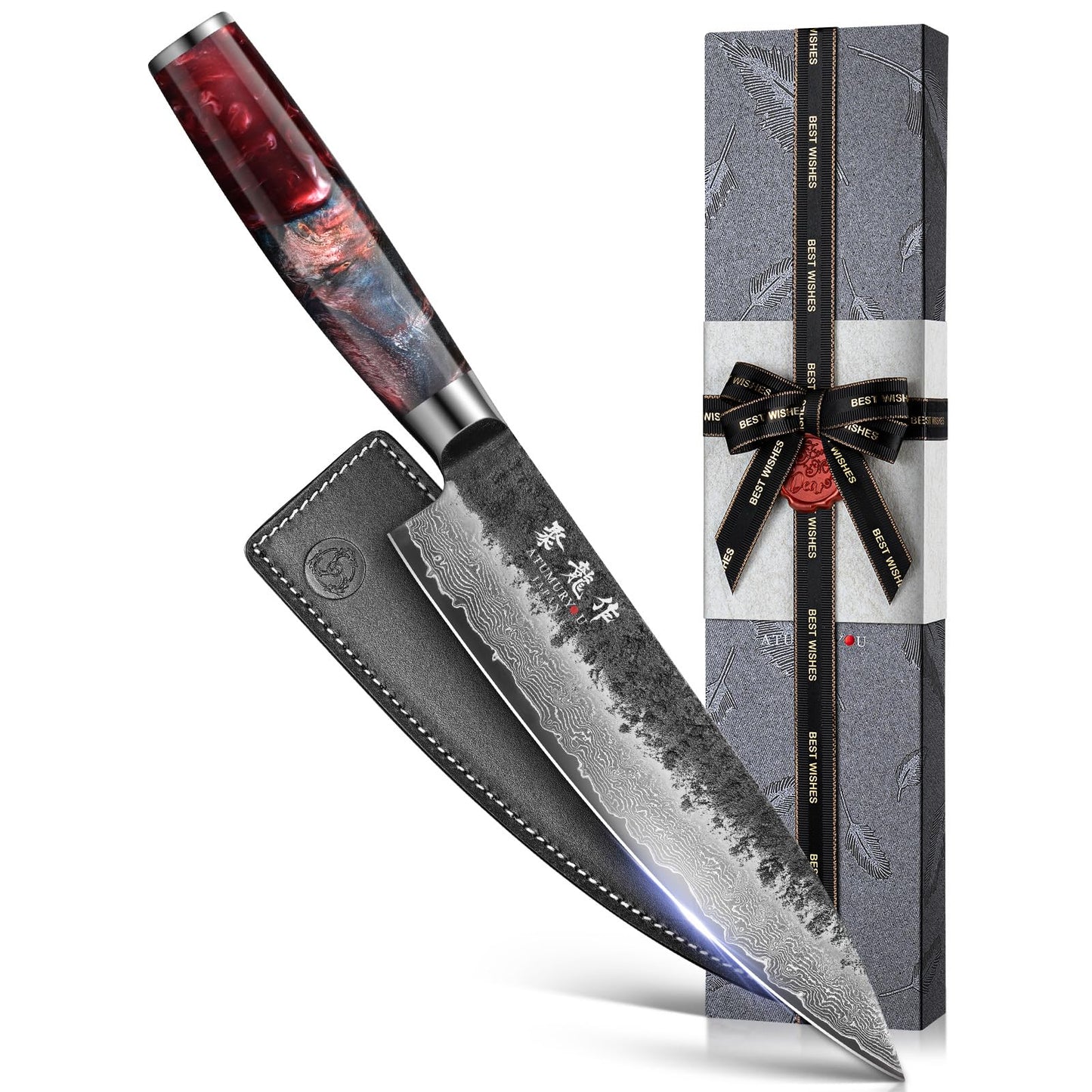 7 Inch Japanese Santoku Knife, Hand-Forged Damascus VG10 Steel Core