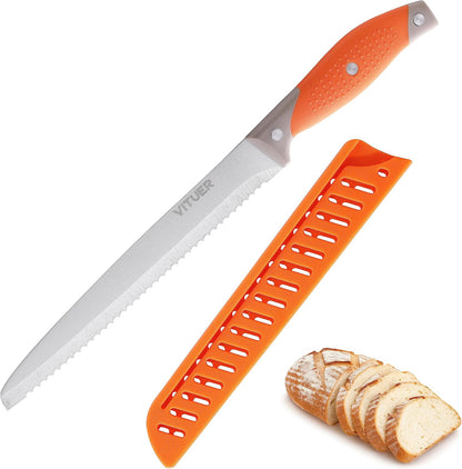 VITUER Bread Knife with Cover, 8 inch Serrated Bread Knife for homemade bread, Bread Cutter Ideal for Slicing Homemade Bread, Bagels, Cake (8-Inch Blade with 5-Inch Handle)