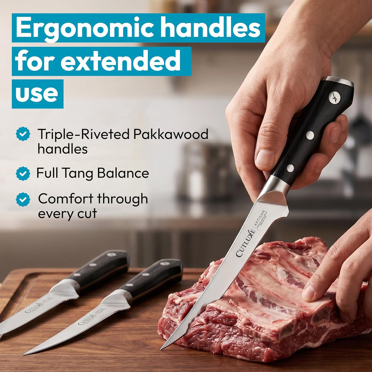 Cutluxe Boning Knife Set, 6" Straight, Curved & Flexible for Fish & Meat