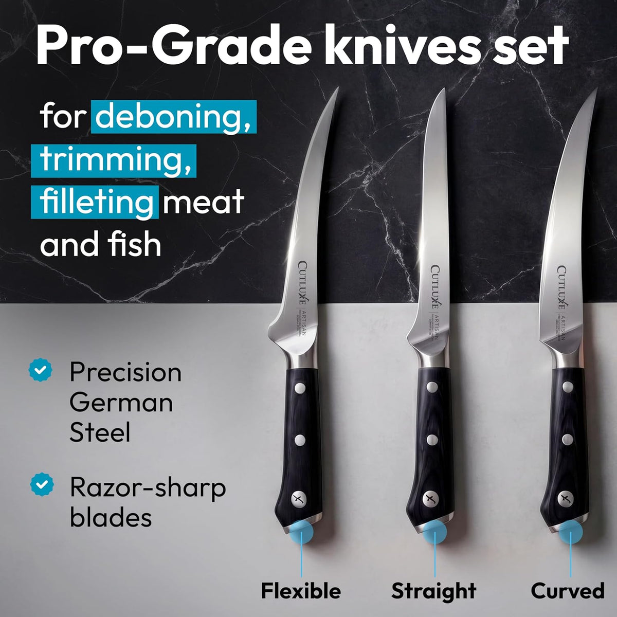 Cutluxe Boning Knife Set, 6" Straight, Curved & Flexible for Fish & Meat