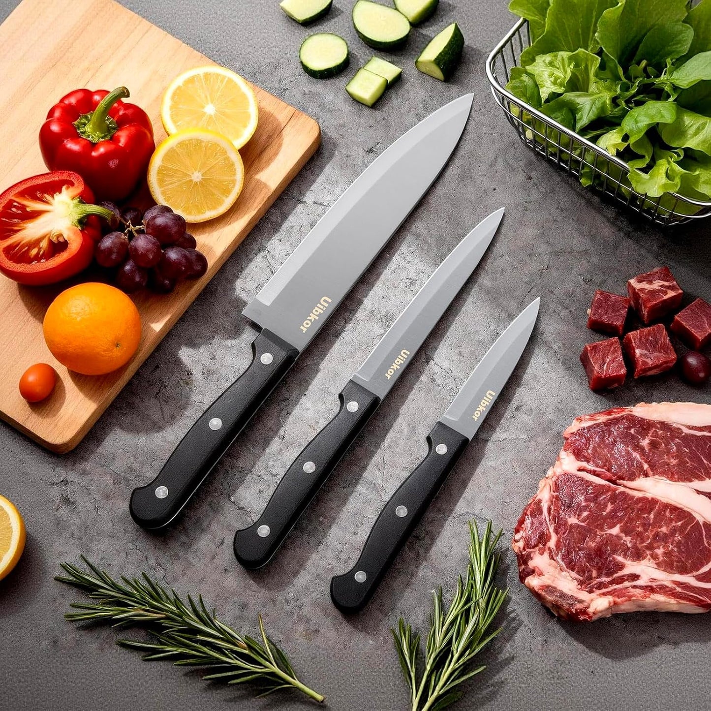Kitchen Knife, 3-Pcs Knife Set, 8 Inch Chef Knife, 5 Inch Utility Knife