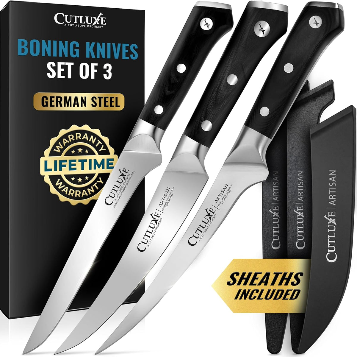 Cutluxe Boning Knife Set, 6" Straight, Curved & Flexible for Fish & Meat
