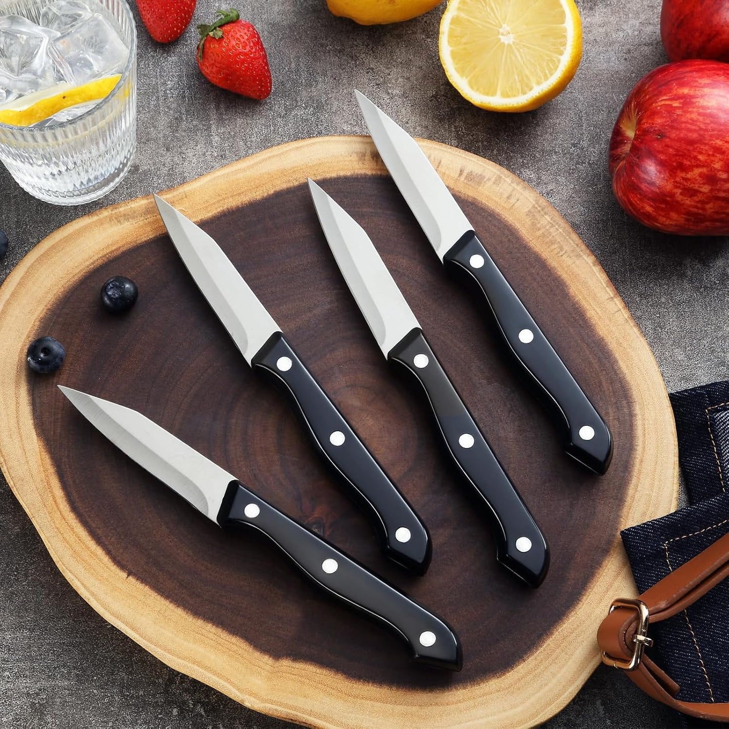 BEWOS 4-Piece Paring Knife Set - Paring Knives with Ergonomic Handle, 3.5 Inch Triple Rivet Paring Knives, Stainless Steel Black Parers for Vegetable, Fruit & Kitchen Use