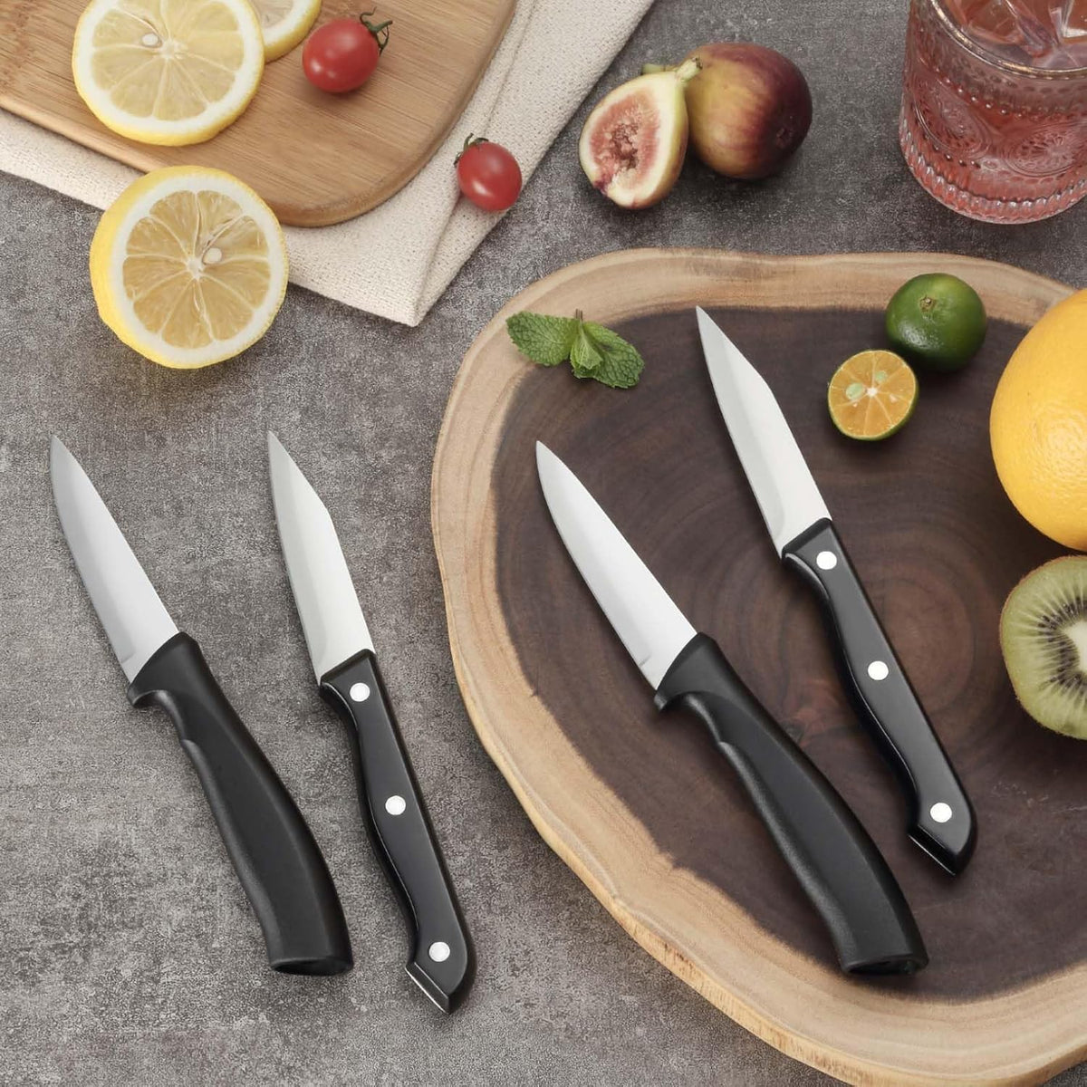 BEWOS 4-Piece Paring Knife Set - Paring Knives with Ergonomic Handle, 3.5 Inch Triple Rivet Paring Knives, Stainless Steel Black Parers for Vegetable, Fruit & Kitchen Use