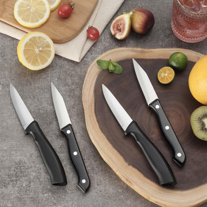 BEWOS 4-Piece Paring Knife Set - Paring Knives with Ergonomic Handle, 3.5 Inch Triple Rivet Paring Knives, Stainless Steel Black Parers for Vegetable, Fruit & Kitchen Use