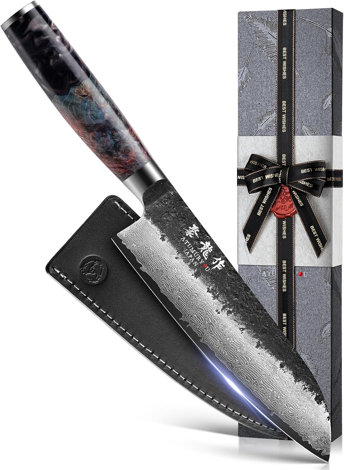 7 Inch Japanese Santoku Knife, Hand-Forged Damascus VG10 Steel Core
